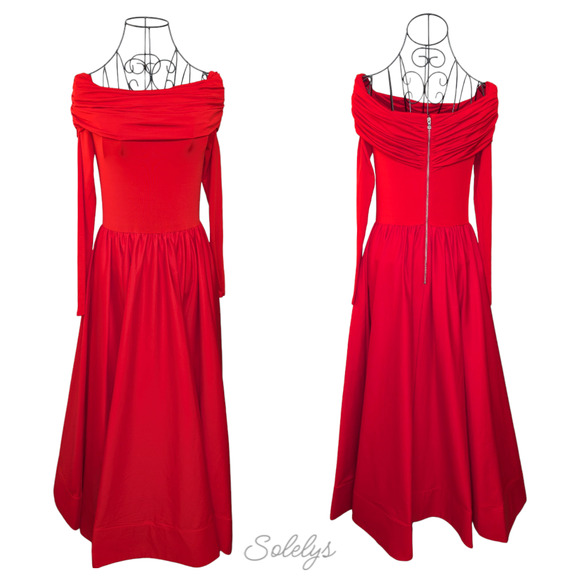 Alice + Olivia Chara Flared Midi Dress Off the Shoulder Bright Ruby Red 4 - Picture 2 of 16